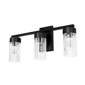 Gatz 22.25 in. 3-Light Matte Black Vanity Light with Clear Fluted Glass Shades
