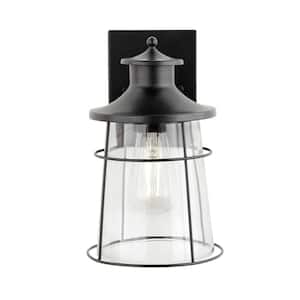 Delano 10.67 in. 1-Light Black Hardwired Outdoor Wall Lantern Sconce with Clear Glass Shade