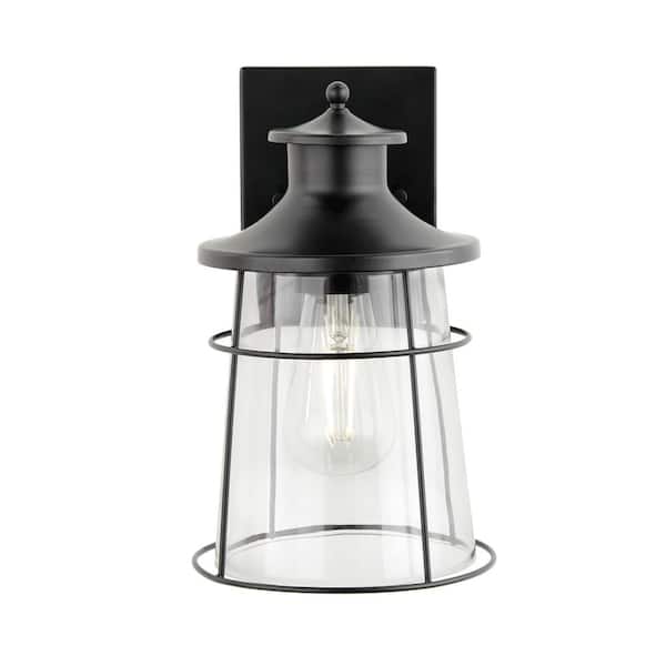 Hampton Bay Delano 10.67 in. 1-Light Black Hardwired Outdoor Wall Lantern Sconce with Clear Glass Shade