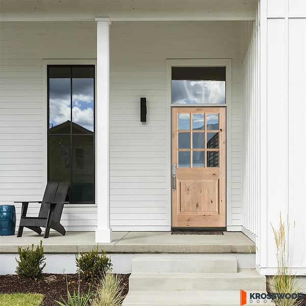 36 in. x 80 in. Craftsman 9-Lite Clear Beveled Glass Right-Hand Inswing Unfinished Knotty Alder Prehung Front Door