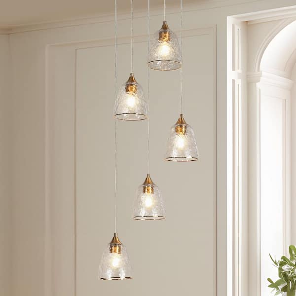 LNC Aurabe 5-Light Plated Brass Cluster Chandelier for Stairwell Entryway, Modern Living Room Pendant with Textured Glass