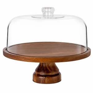 Brown 1-Tier Acacia Wood Cake Stand with Dome Lid, Cake Plate with Cover, Wooden Cake Display Stand with Acrylic Dome