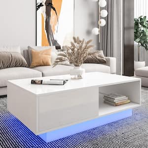 37 in. Gloss White LED Rectangle Wood Top Coffee Table with Storage