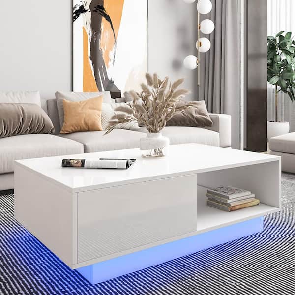 WOODYHOME 37 in. Gloss White LED Rectangle Wood Top Coffee Table with Storage