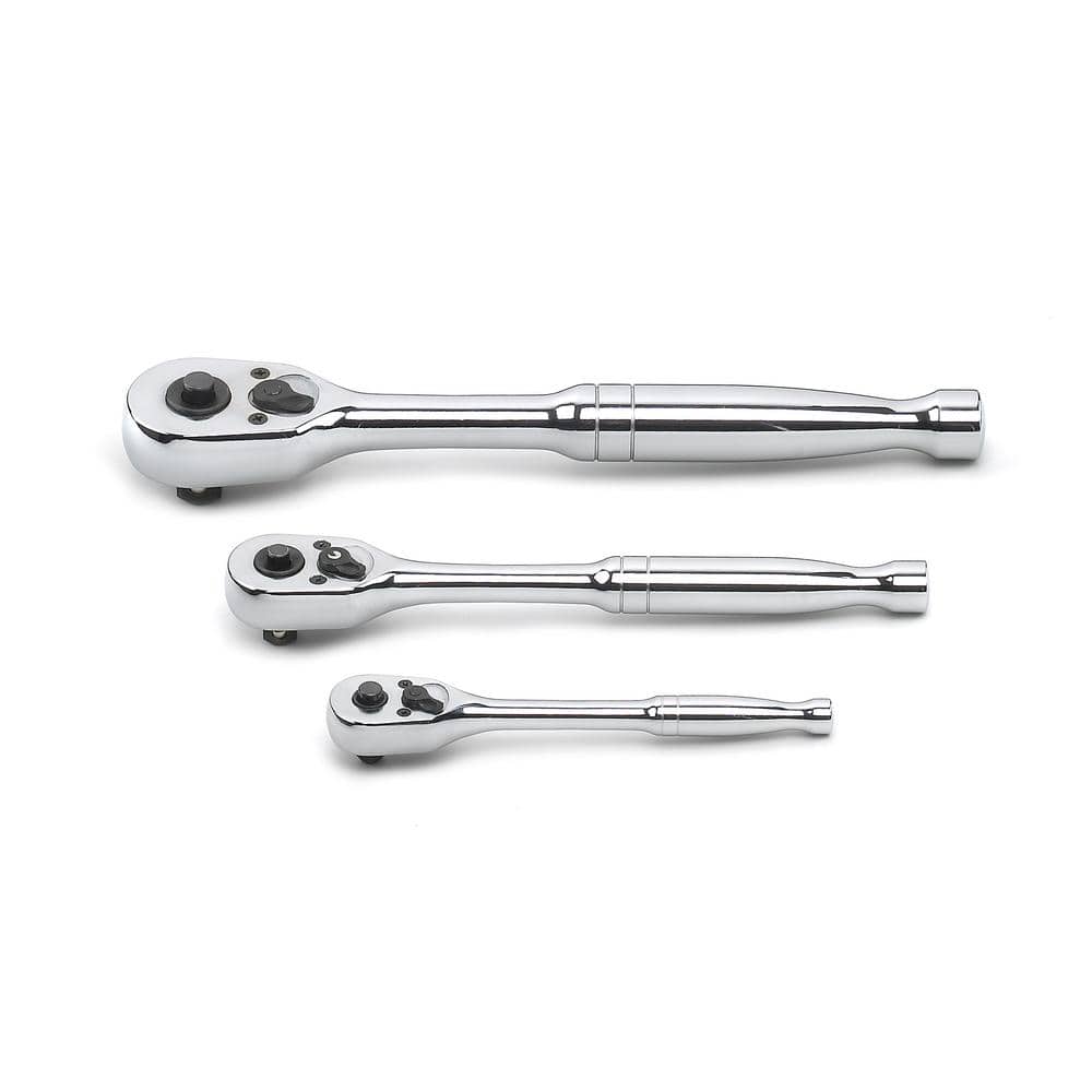 Gearwrench 1 4 In 3 8 In And 1 2 In Drive 45 Tooth Quick Release Teardrop Ratchet Set 3 Piece The Home Depot