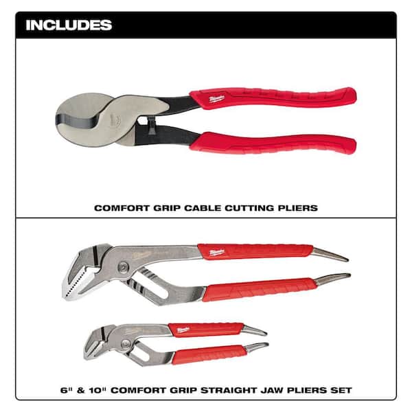 Comfort Grip Cable Cutting Pliers and 6" & 10" Comfort Grip Straight Jaw Pliers Set