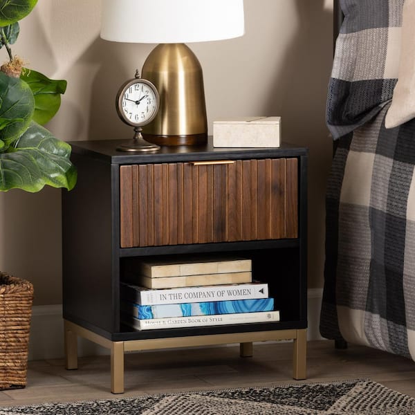 Baxton Studio Uriel 1-Drawer Natural Brown and Black Nightstand (17.7 in. H x 15.7 in. W x 11.8 in. D)