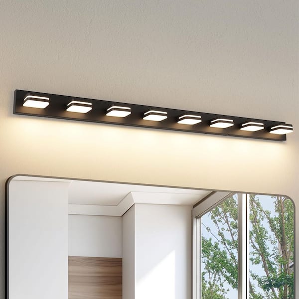 63 in. 8 Light Black Bathroom LED Vanity Light with 5-CCT Adjustable Switch and Acrylic Lampshade