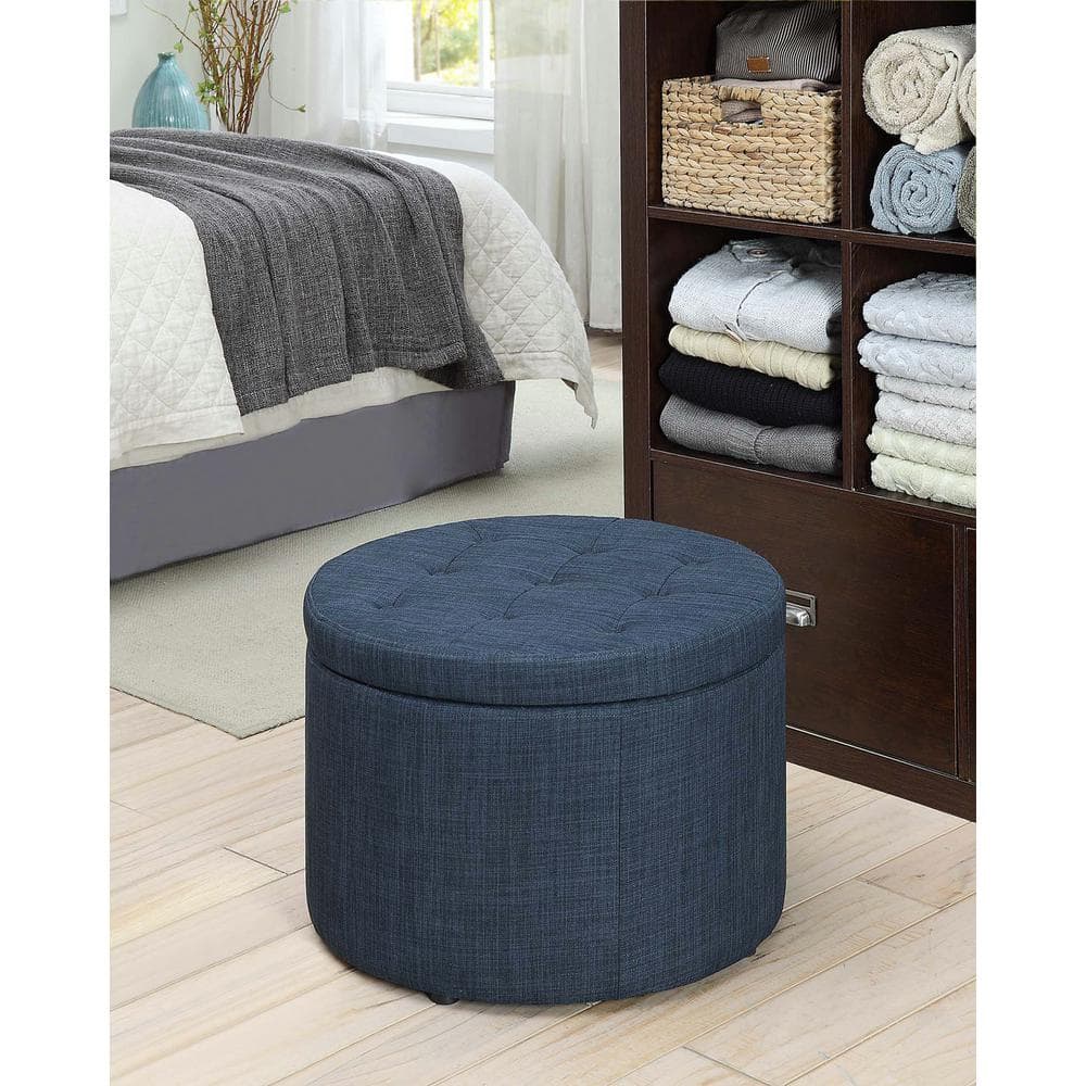 Tufted Round Dark Blue Linen Shoe Storage Ottoman, 22"