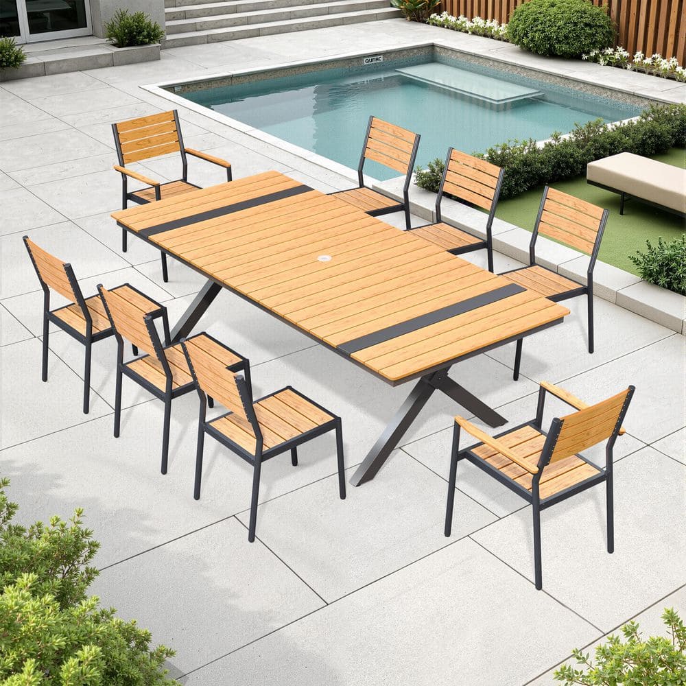 Brown 9-Piece 94 in. Aluminum Wood-Like Rectangular Patio Outdoor Dining Set with Armed and Non-Arm Chairs Umbrella Hole