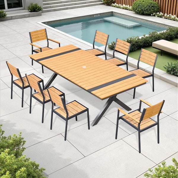 Brown 9-Piece 94 in. Aluminum Wood-Like Rectangular Patio Outdoor Dining Set with Armed and Non-Arm Chairs Umbrella Hole