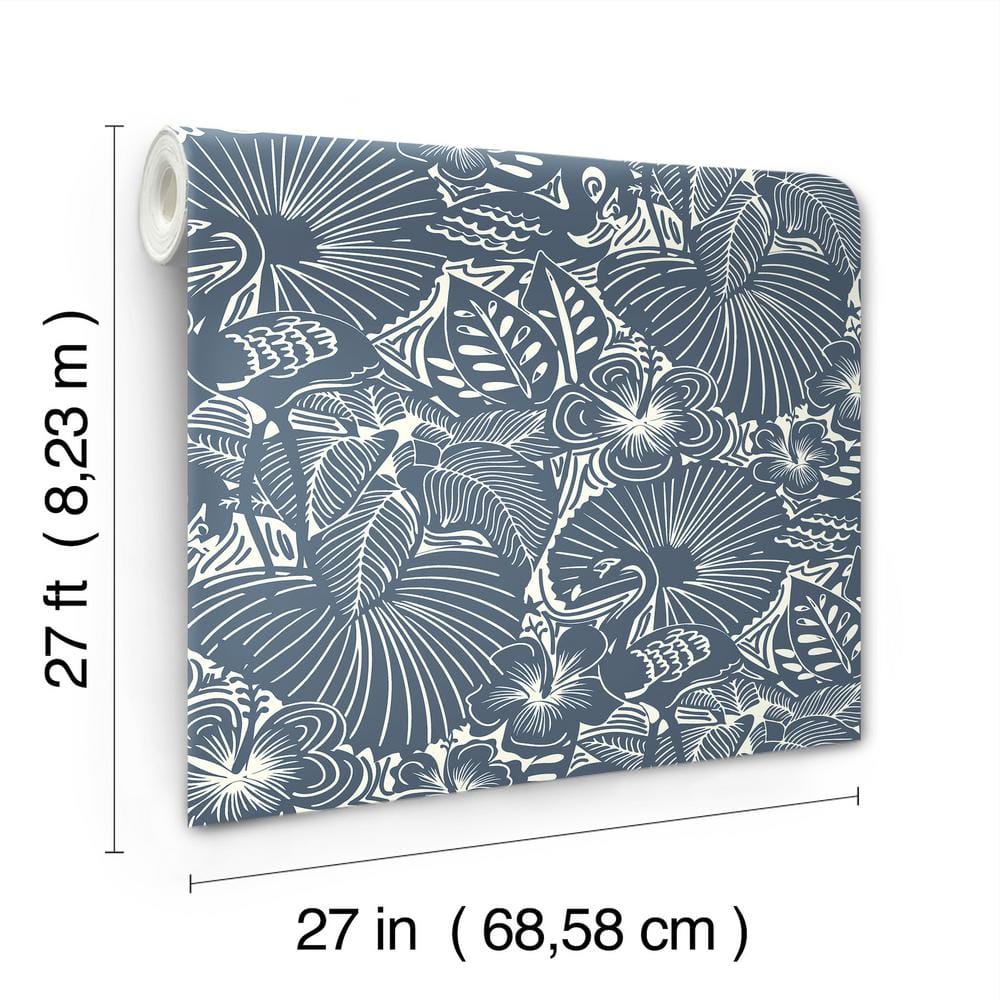Idalia Navy and White Floral Flamingo Non-Woven Wallpaper