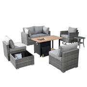 Daffodil Y Gray 8-Piece Wicker Patio Storage Fire Pit Conversation Set with Swivel Rocking Chair and Dark Gray Cushions