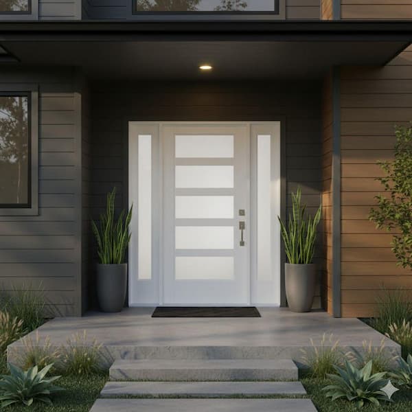 36 in x 80 in Alpine Left-Hand 5 Lite Satin Etch Glass Fiberglass Prehung Front Door with Sidelites and 6-9/16 in Frame