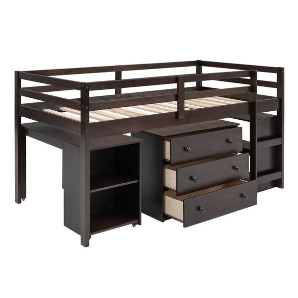 wetiny Espresso Twin Loft Bed with Cabinet and Rolling Portable Desk ...