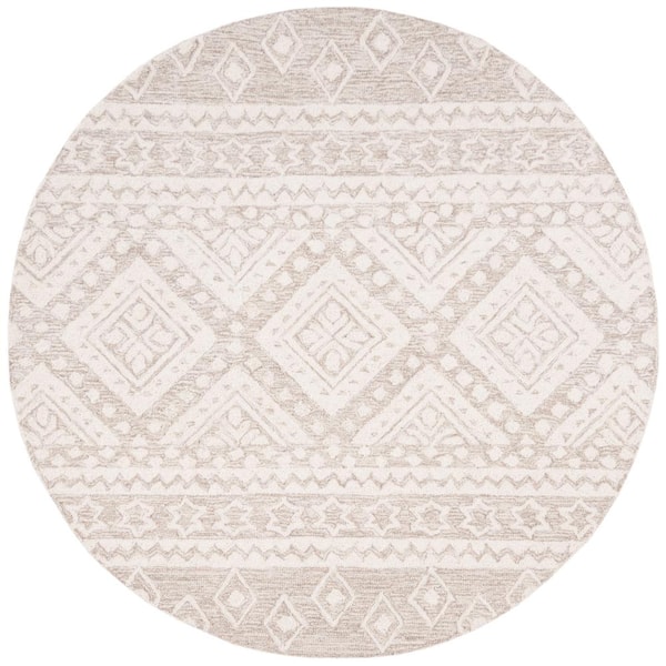 SAFAVIEH Micro-Loop Beige/Ivory Doormat 3 ft. x 3 ft. Tribal Border Diamonds Round Area Rug