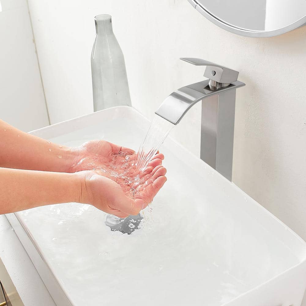 Brushed Nickel Tall Waterfall Vessel Sink Faucet