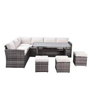 Gray 7-Piece Wicker Outdoor Patio Conversation Sofa with Dining Table, Ottomans and Beige Removable Cushions