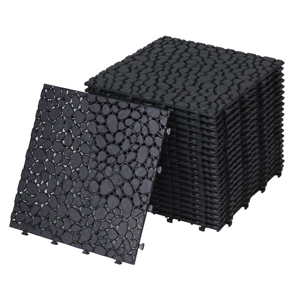 12 in. x 12 in. Black Square Plastic Waterproof Bathroom Flooring, 440 lbs. Capacity, 12-Pieces (1-Pack)