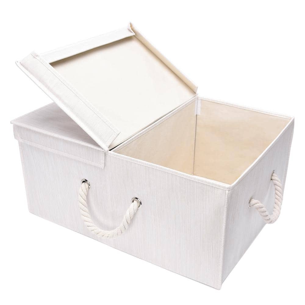 StorageWorks Storage Bins with Lid and Cotton Rope Handles, Foldable Storage Basket, White, Bamboo Style, 3-Pack, Large,14.4x10.0x8.5 Inches, Size