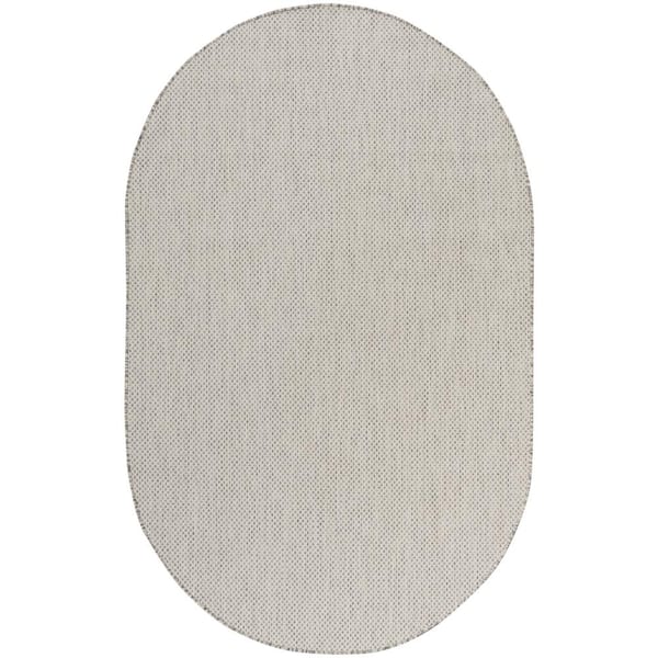 Courtyard Ivory/Silver 5 ft. x 8 ft. Solid Geometric Contemporary Oval Indoor/Outdoor Area Rug