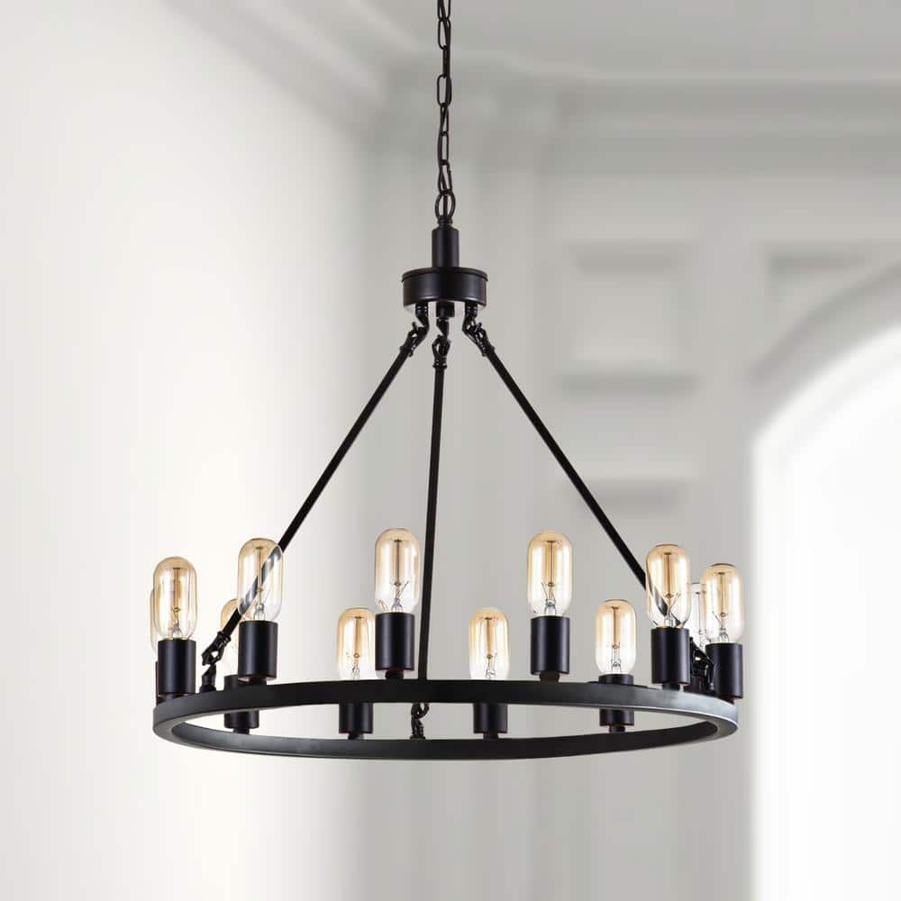 Black Metal 12-Light Wagon Wheel Chandelier with Candle Bulbs