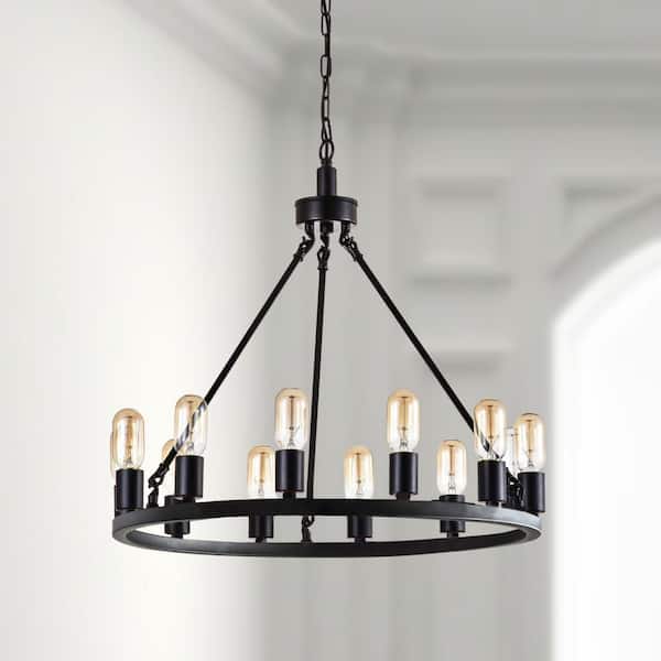 Maxax Bismarck 12 -Light Black Unique Wagon Wheel Chandelier with Wrought Iron Accents