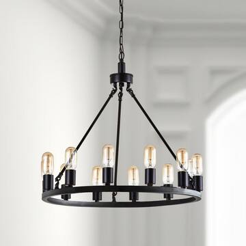 LWYTJO Loene 8-Light Black Farmhouse Candle Style Dimmable Wagon Wheel Chandelier for Living Room Kitchen Island Dining Foyer D0030-8-B-UL