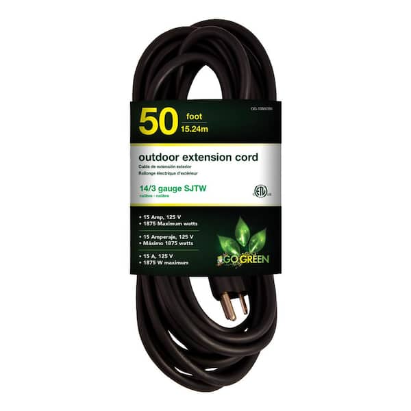GoGreen Power 50 ft. 14/3 SJTW Outdoor Extension Cord, Black