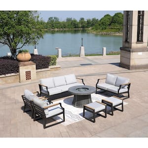 Niki 7-Piece Aluminum Patio Conversation Set Wicker Fire Pit Table with Gray Cushions