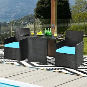 3-Piece Wicker Outdoor Patio Conversation Set Patio Rattan Furniture Set with Turquoise Cushion and Sofa Armres