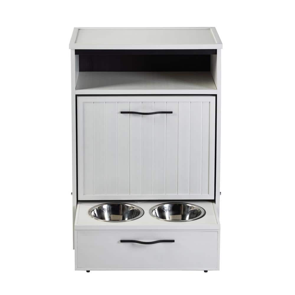 Off-White ECOFLEX Dog Food Pantry with Stainless Steel Bowls