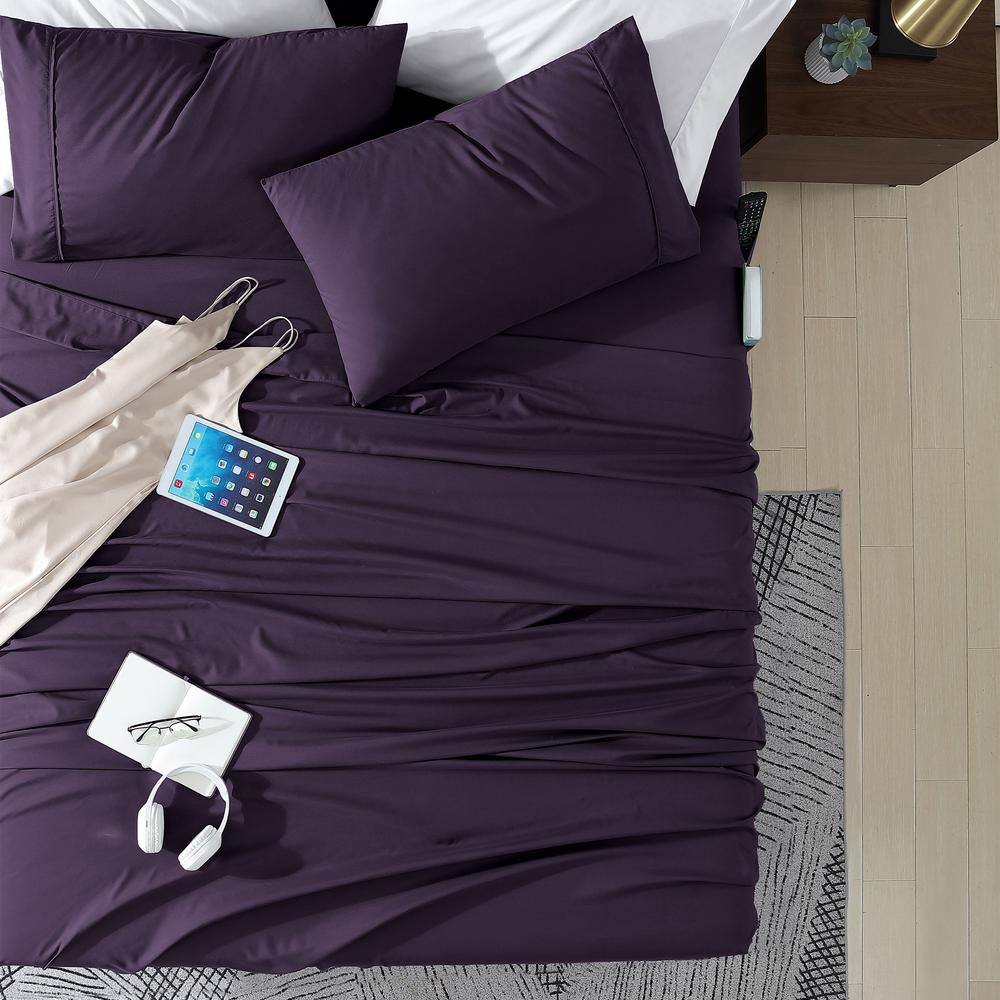 Eggplant Full/Double Polyester Microfiber Sheet Set with Smart Pockets