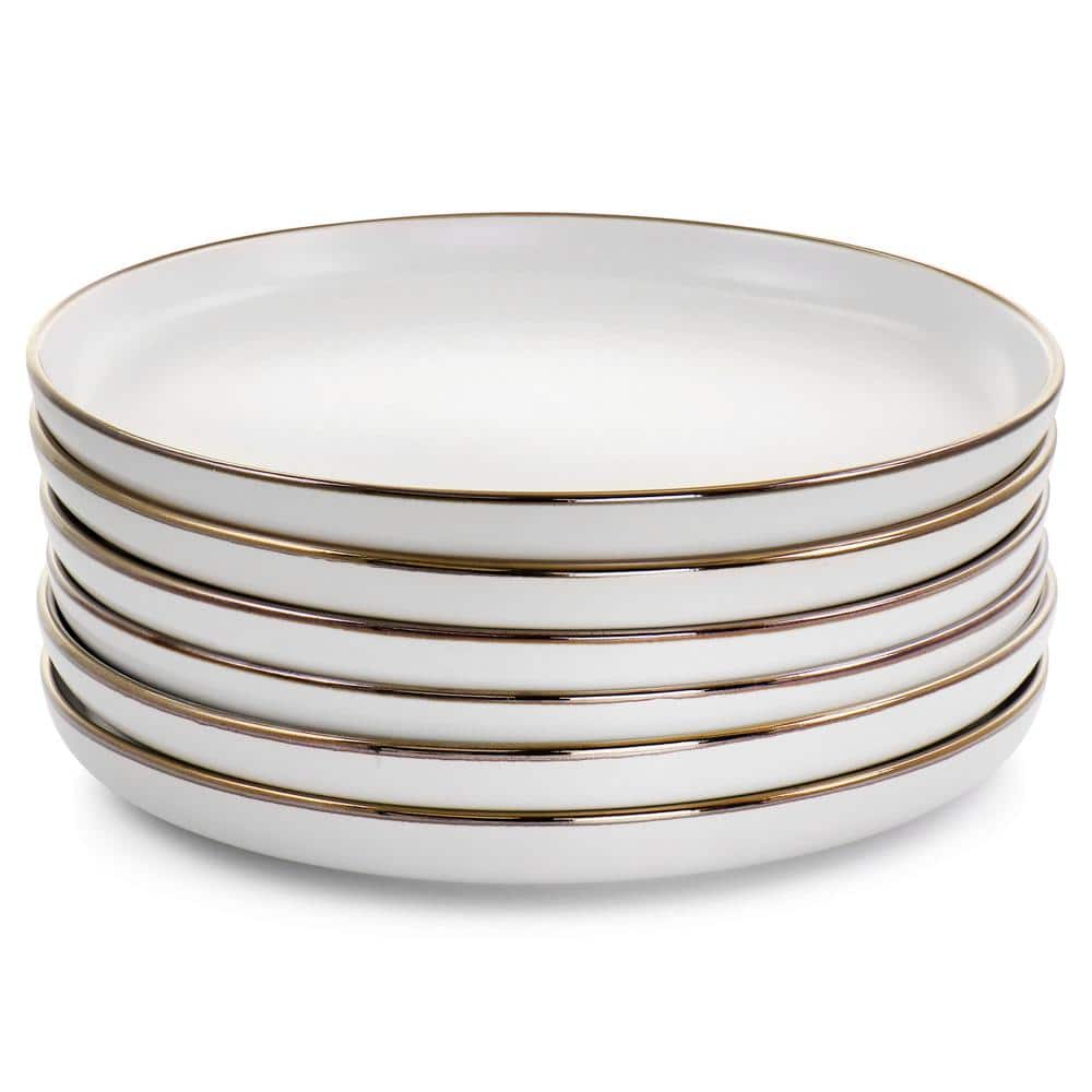 Matte White Ceramic Dinner Plates with Gold Rim, Set of 6