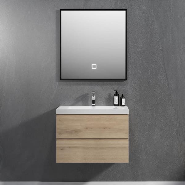 Abruzzo Angela 30 in. W x 18.7 in. D x 20.5 in. H Wall Mounted Floating Vanity in Natural Oak with Glossy White Basin