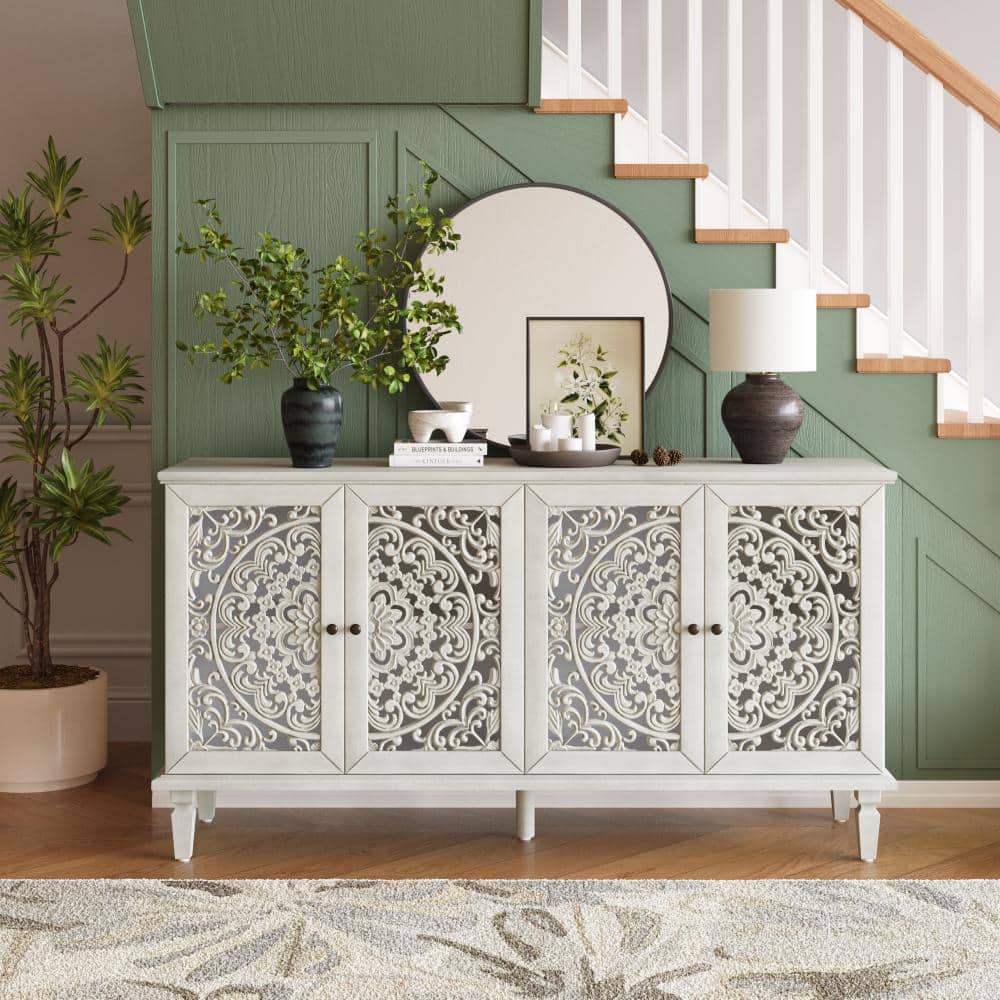 Antique Grey White Hardwood Buffet with Floral Carvings, Brass Handles, Adjustable Inner Shelves