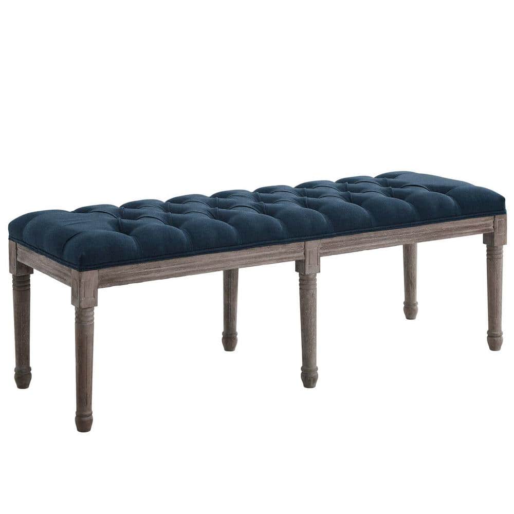 Navy French Vintage Upholstered Fabric Bench with Wood Legs