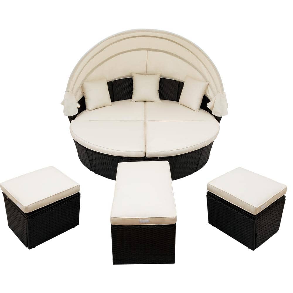 Black Wicker Outdoor Day Bed with Sunbrella Beige Cushions