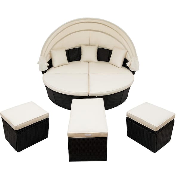 Unbranded Black Wicker Outdoor Day Bed with Sunbrella Beige Cushions