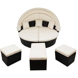 6-Piece Outdoor Rattan Wicker Sunbed with Retractable Canopy, Patio Conversation Set with Table, Beige Cushioned Chairs