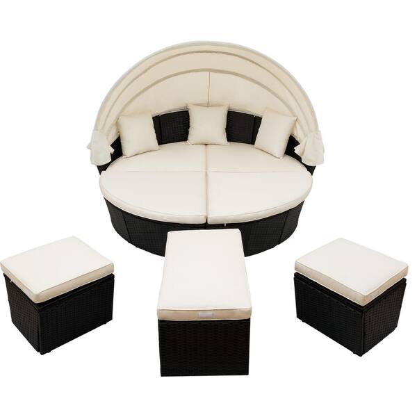 Willit Black Wicker Outdoor Day Bed with Sunbrella Beige Cushions