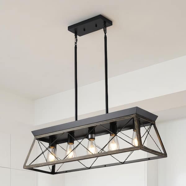 MODERN HABITAT 32 in. 5-Light Matte Black Finish and Dark Walnut Fixture Color Chandeliers for Kitchen with No Bulbs included