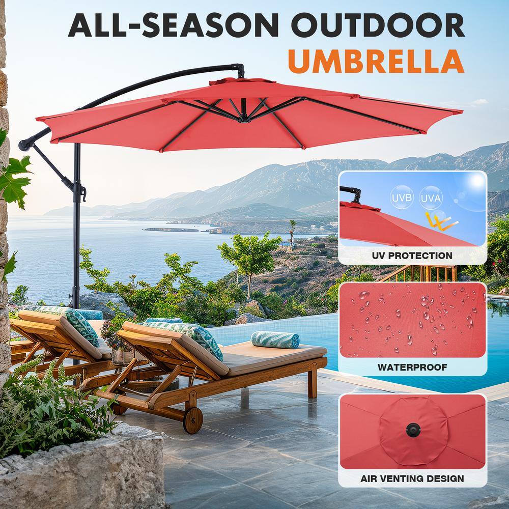 10 ft Red Polyester Cantilever Patio Umbrella with Black Metal Frame