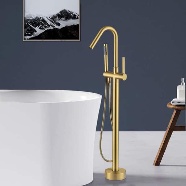 Single-Handle Freestanding Tub Faucet Bathtub Filter with Handheld Shower in Brushed Brass