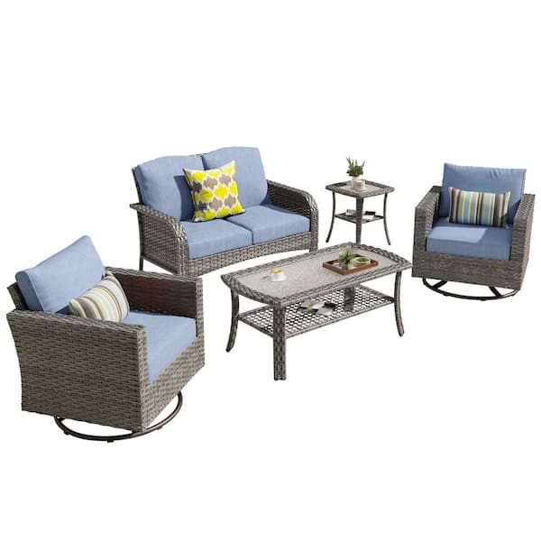 Missisi Gray 5-Piece Wicker Patio Conversation Set with Denim Blue Cushions and Swivel Chairs