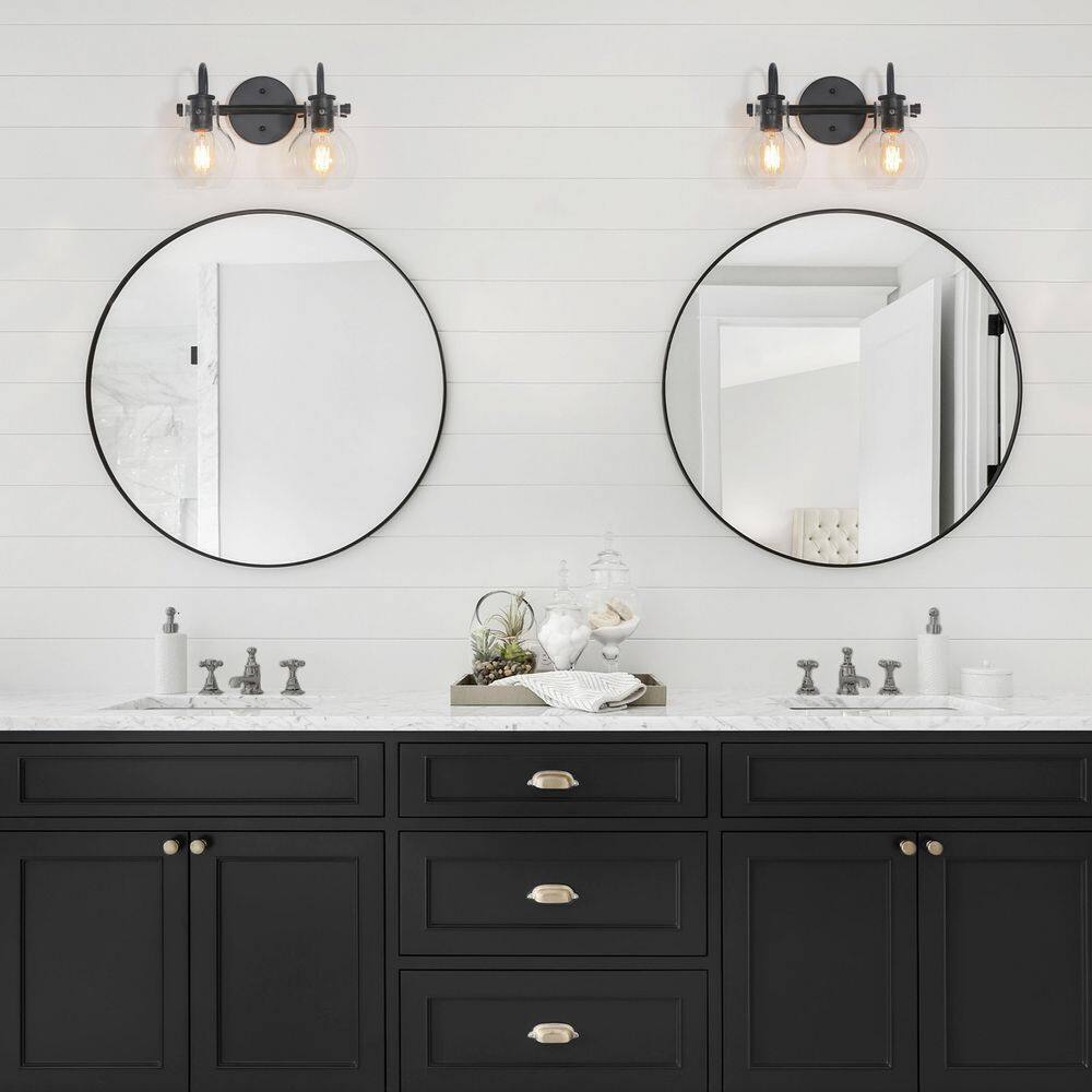 13" Black Metal Vanity Light with Clear Glass Globe Shades