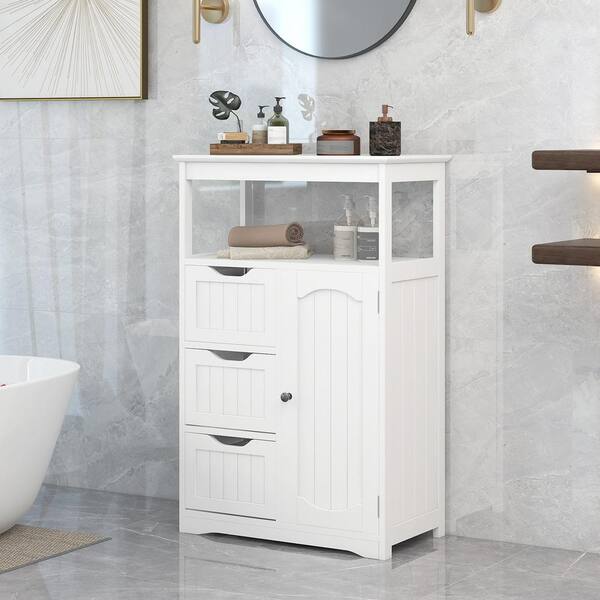 Tileon 22 in. W x 12 in. D x 34 in. H White MDF Board Freestanding Linen Cabinet with Door and 3 Drawers