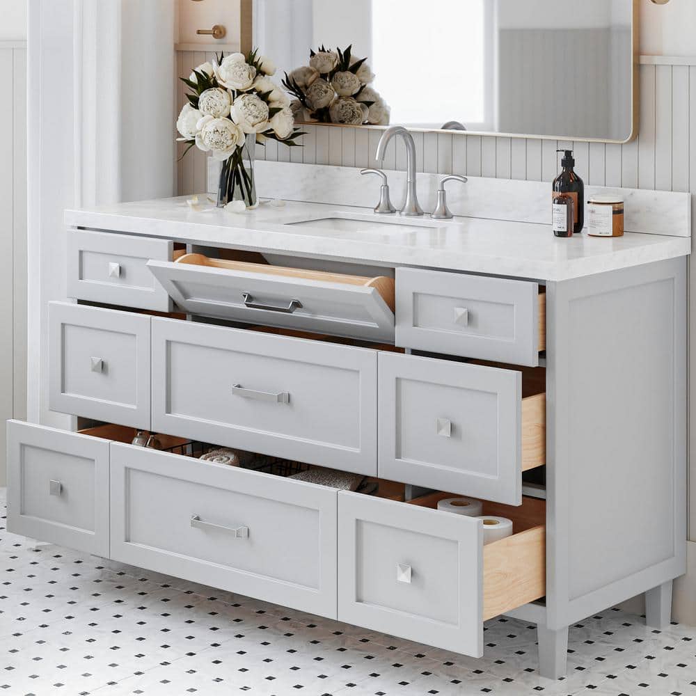 Gray Solid Wood Freestanding Bathroom Vanity with Marble Top