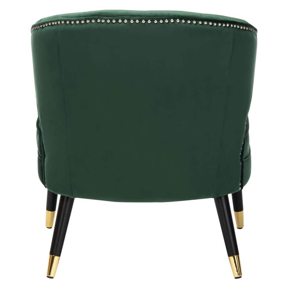 Transitional Forest Green Velvet Barrel Accent Chair with Black Wood Legs