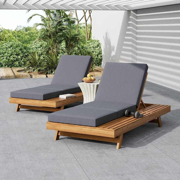 CHRISTOPHER KNIGHT HOME Erin Patio Foldable Solid Wood Outdoor Chaise Lounge with Dark Gray 3-Fold Cushion, Adjustable Back, Teak Finish, 2 Pack